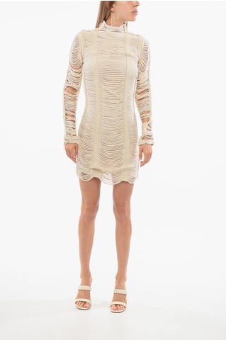 Long Sleeved Mesh Dress in Beige