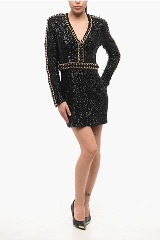 Long Sleeved Sequined Mini Dress with Golden Chain in Black