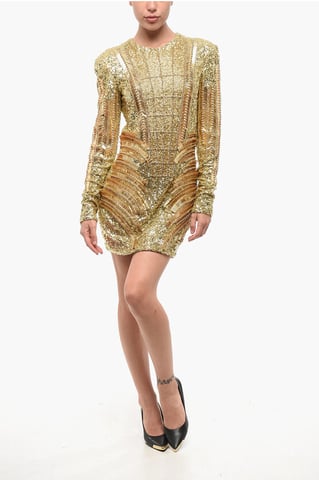 Golden Effect Mini Dress with Sequins and Beads in Gold