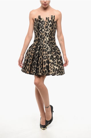 Uitlopende strapless jurk met dierenmotief in bruin, zwart