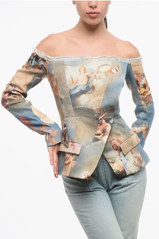 Patterned Linen Off-Shoulder Blazer in Multicolor
