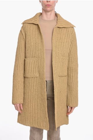 SALON 01 Hand-knitted Leather Coat in Beige