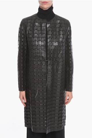 Knitted Leather SATINE Coat with Drawstring in Brown