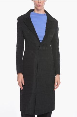 Silk Gazarre Single-breasted Coat in Basket-weave Motif in Black