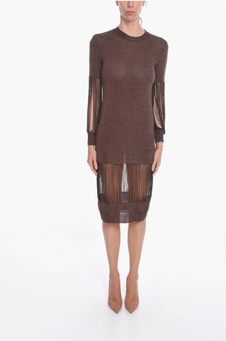 Metallic Viscose-knit Midi Dress with Chain Details in Brown
