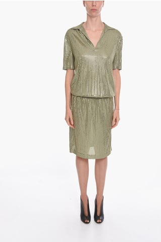 Silk Knit Midi Dress with Mirrored-studs in Green