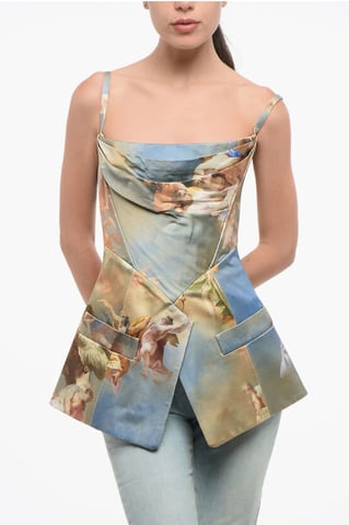 Patterned Satin Top with Back Zip in Multicolor