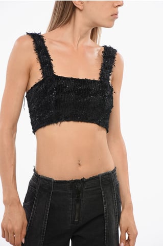 Solid Color Crop Top Embellished with Sequins in Black