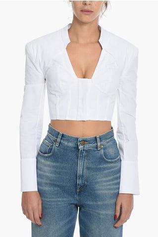 Popeline Cotton Long Sleeved Cropped Top in White