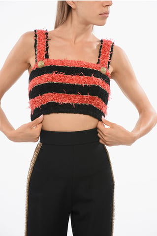 Tweekleurige gestreepte tweed crop top in zwart en rood