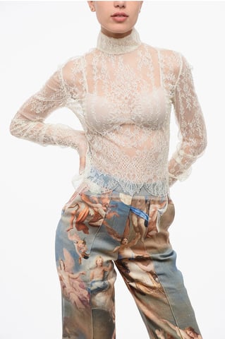 Long Sleeved See-Through Lace Top with Zip Closure in White