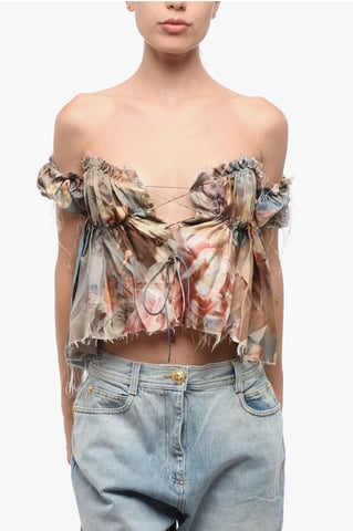 Printed Silk Off-Shoulder Top in Multicolor
