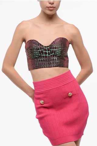 Animal Patterned Iridescent Effect Strapless Crop Top in Multicolor