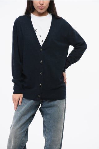 Solid Color Wool And Nylon V-Neck Cardigan in Blue