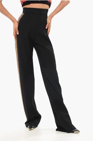 Wollen broek met hoge taille en met juwelen versierde zijbanden in zwart