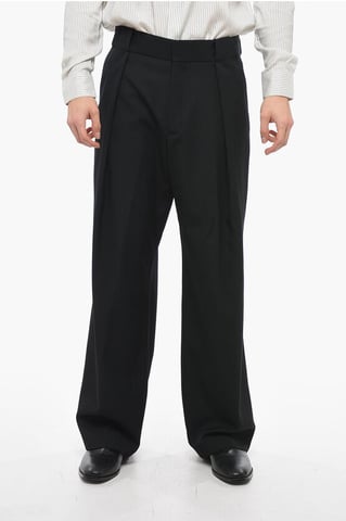 Wool Wide-leg Pants with Front Pleats in Black