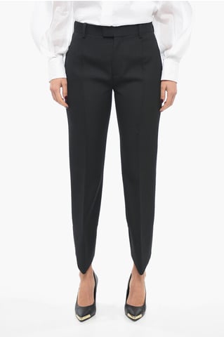 Wool Front-pleated Pants with Curved Design in Black