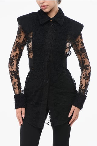 Lace Shirt with Padded Shoulders in Black