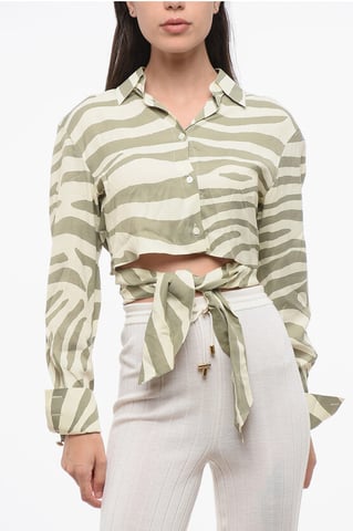 Animal Patterned Cropped Shirt with Knotting Detail in Beige, Verde