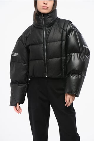 MM6 Quilted Cropped Down Jacket with Faux Leather Detail in Black