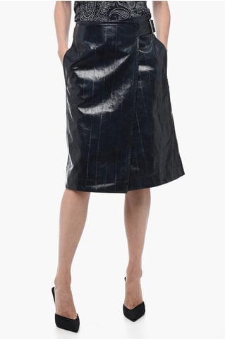 Belted Leather A-Line Skirt in Blue
