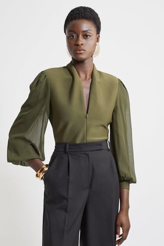 Bandage Figure Form Zip Detail Chiffon Sleeve Knit Top