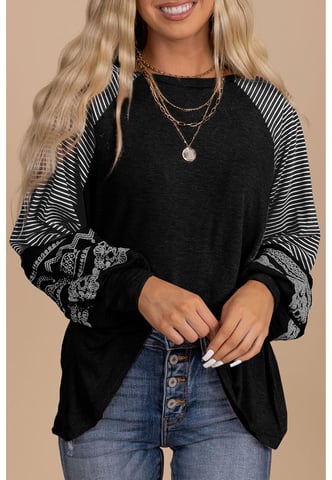 Striped Sleeve Crew Neck Casual Top