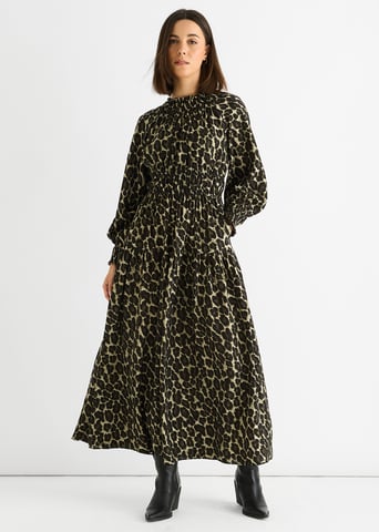 Khaki Dierenprint Gekreukte Hoge Hals Maxi-jurk