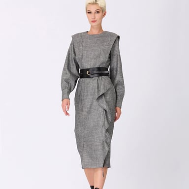 Tailor dress with wide shoulder and vertical ruffle