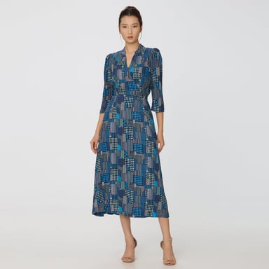 Graphic Print V Neckline Midi Wrap Dress
