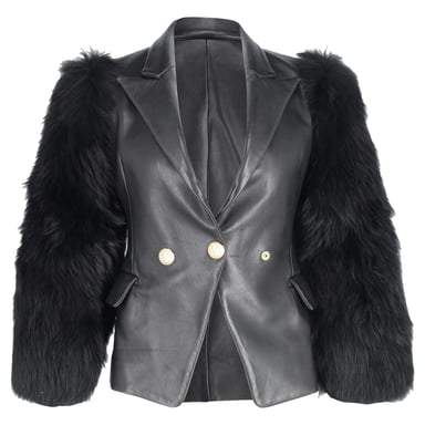 Balmain Enkele Knopjas met Bontmouwen in Zwart Leer