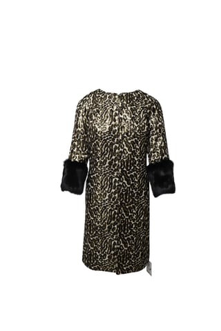 Tory Burch Animal Print Jacquard Coat with Fur Sleeves in Multicolor Silk