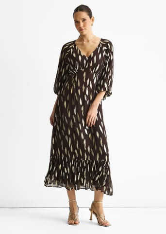 Chocoladebruine viscose maxi-jurk met geknipte ballonmouwen