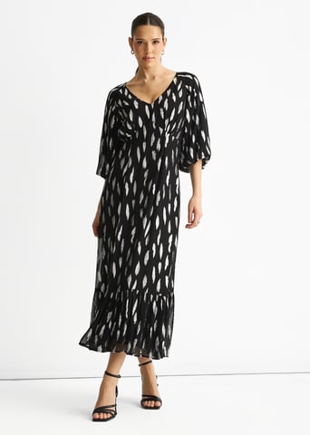 Zwarte viscose maxi-jurk met geknipte ballonmouwen