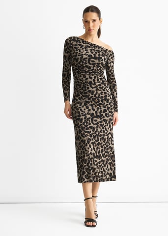 Grijze jersey midi-jurk met dierenprint en één schouder