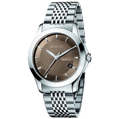 Gucci G-Timeless herenhorloge YA126406 met bruine wijzerplaat en zilveren armband