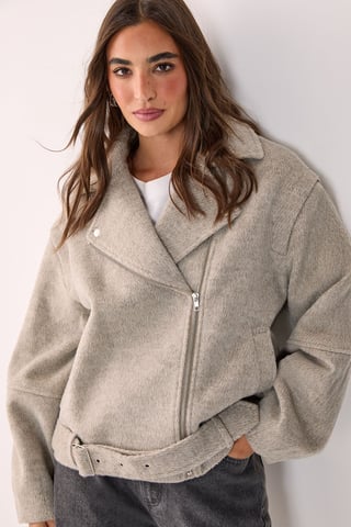 Oversized Brushed Belted Biker Jacket
