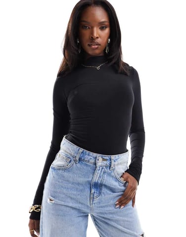 ASOS DESIGN double layer slinky high neck long sleeve bodysuit In black