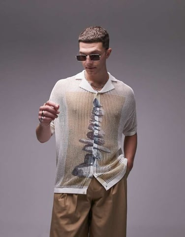 Topman open knitted shirt with front print in ecru
