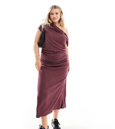 ASOS DESIGN Curve asymmetric neckline ruched supersoft midaxi dress in burgundy