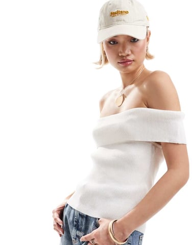 Monki rib knit off shoulder foldover in white