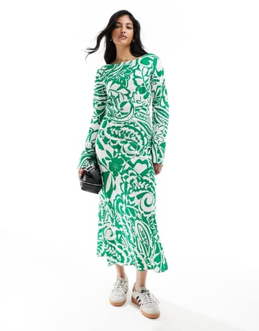 ASOS DESIGN viscose slash neck midi dress with v-back detail in green print