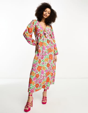 Vila balloon sleeve midi dress with frill waist in bright bold floral