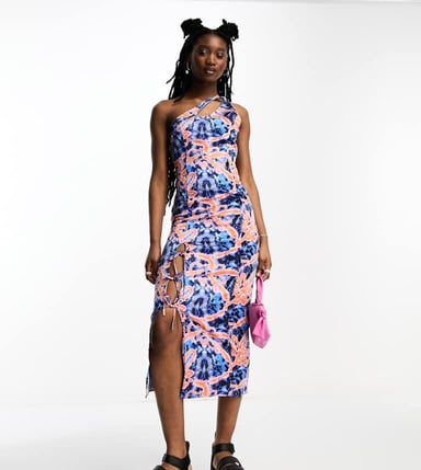 COLLUSION satin asymmetric strap detail summer midi dress in print