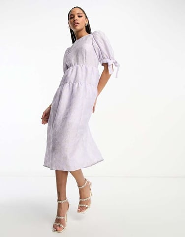 Monki balloon sleeve floral shimmer brocade midi dress in lilac