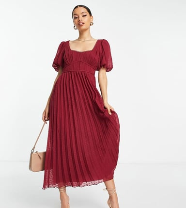 ASOS DESIGN Petite puff sleeve pleated dobby midi dress with scallop trim in burgundy