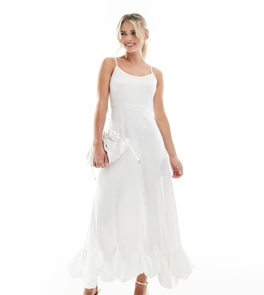 Vila Petite Bridal – Vit maxiklänning i satin med smala ärmar och sömmar i nederkanten