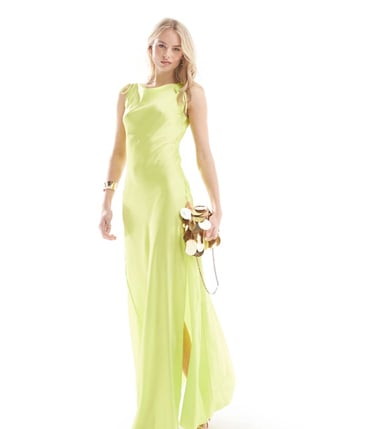 Vero Moda Tall satin tie shoulder maxi slip dress with seam detail in lime