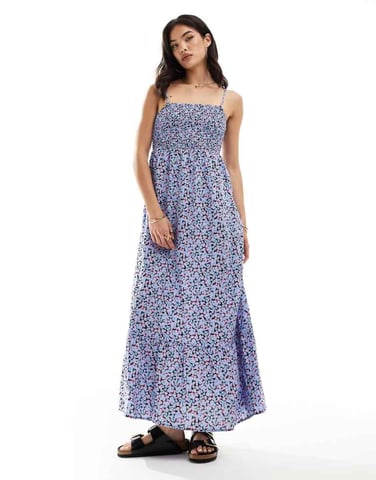 Vero Moda smocked bust maxi dress in blue floral print
