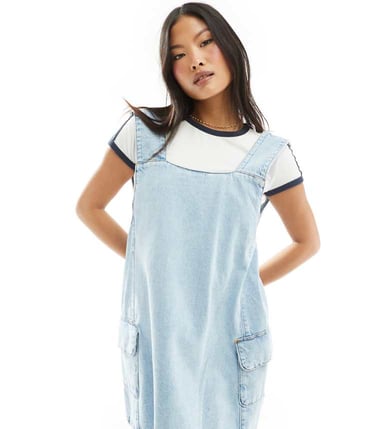 Miss Selfridge Petite pocket detail denim swing pinny dress in light blue acid wash